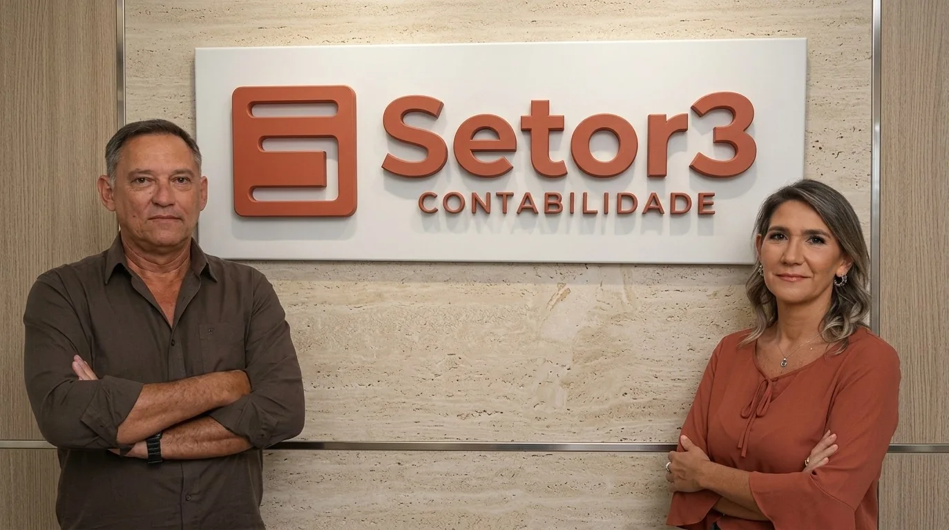 Mozart Antonio Kaniosky e Lorena Viviana Gutierrez Espinoza, de braços cruzados, diante do letreiro "Setor 3 Contabilidade" na parede da sede.